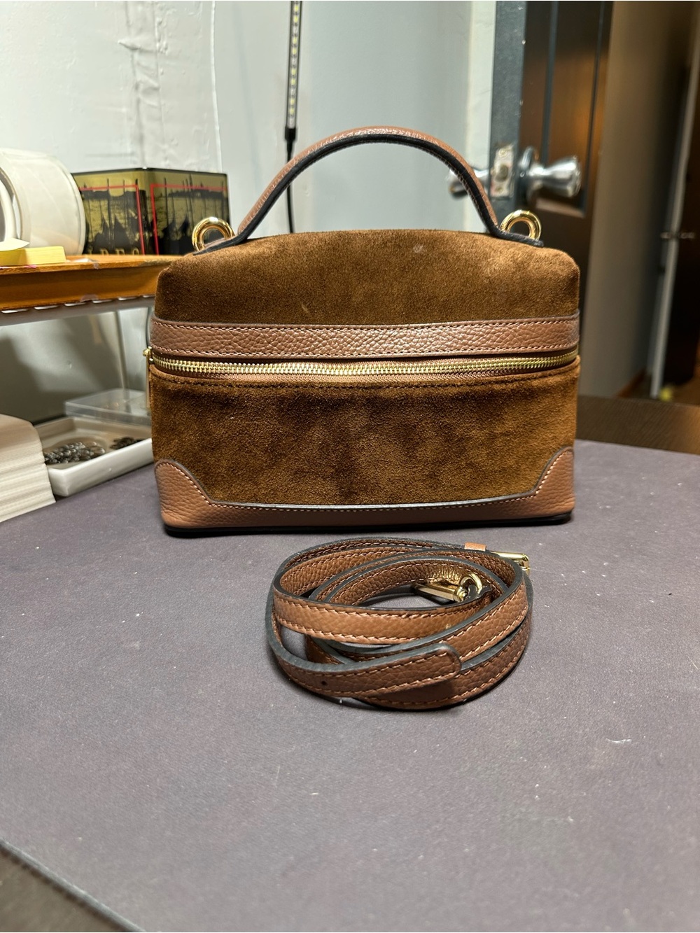 Brown Suede and Leather Top-Handle Shoulder Bag